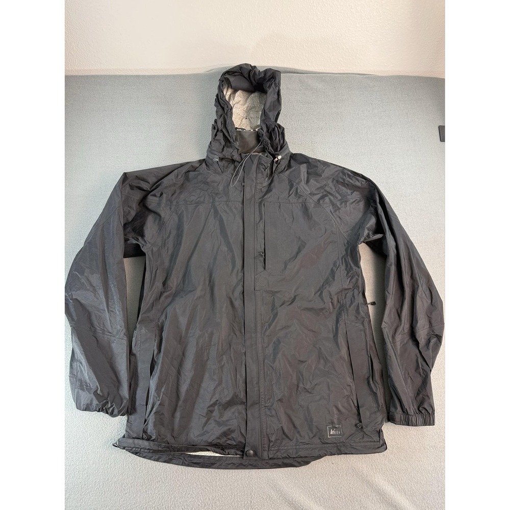 REI Jacket Mens XLT Black Hooded Nylon Full Zip Windbreaker Hiking Outdoor